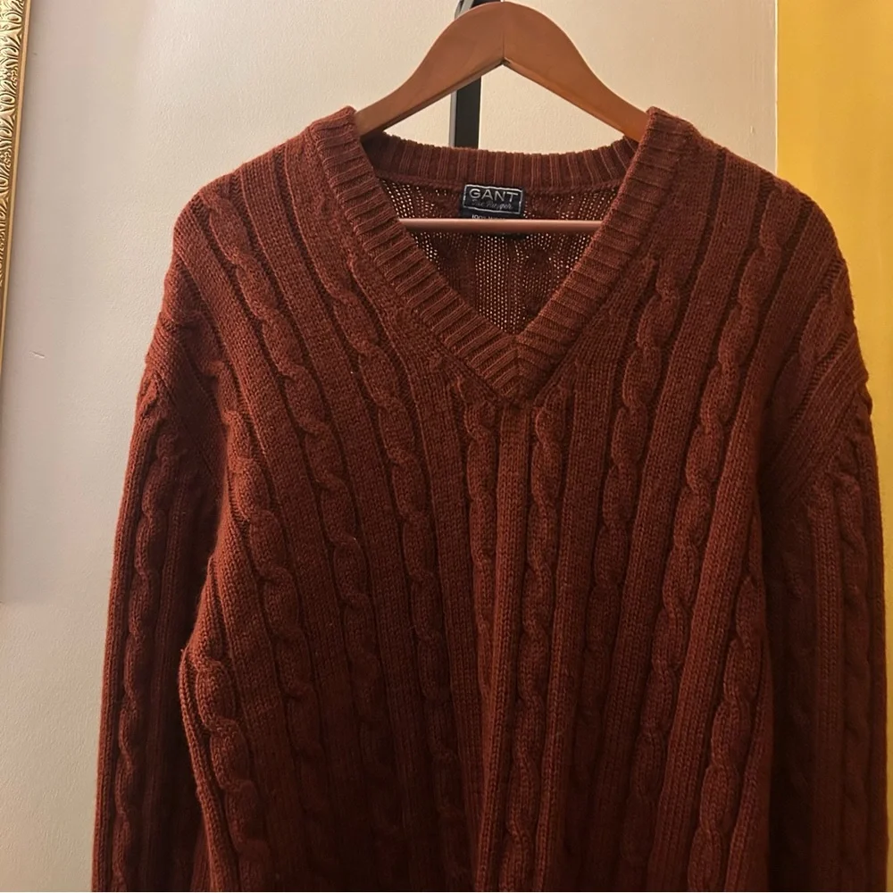 Vintage 70s Gant Rugger Wool Cable Knit Sweater Dark Academia Preppy V-Neck‎ XL